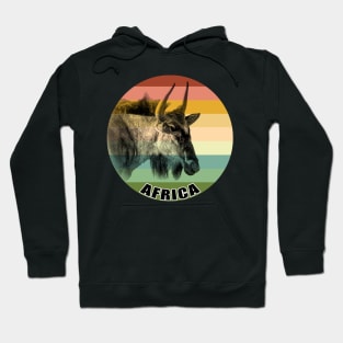 Blue Wildebeest Close-up on Vintage Retro Africa Sunset Hoodie